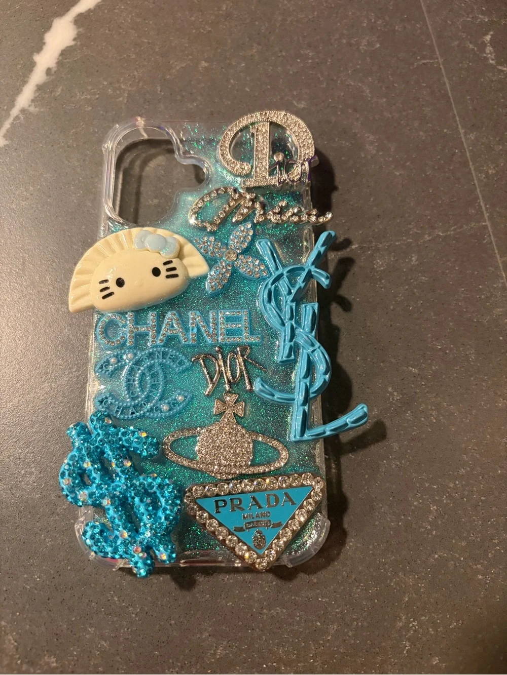& Other Stories Teal Glitter Phone Case with Mixed Logo Charms